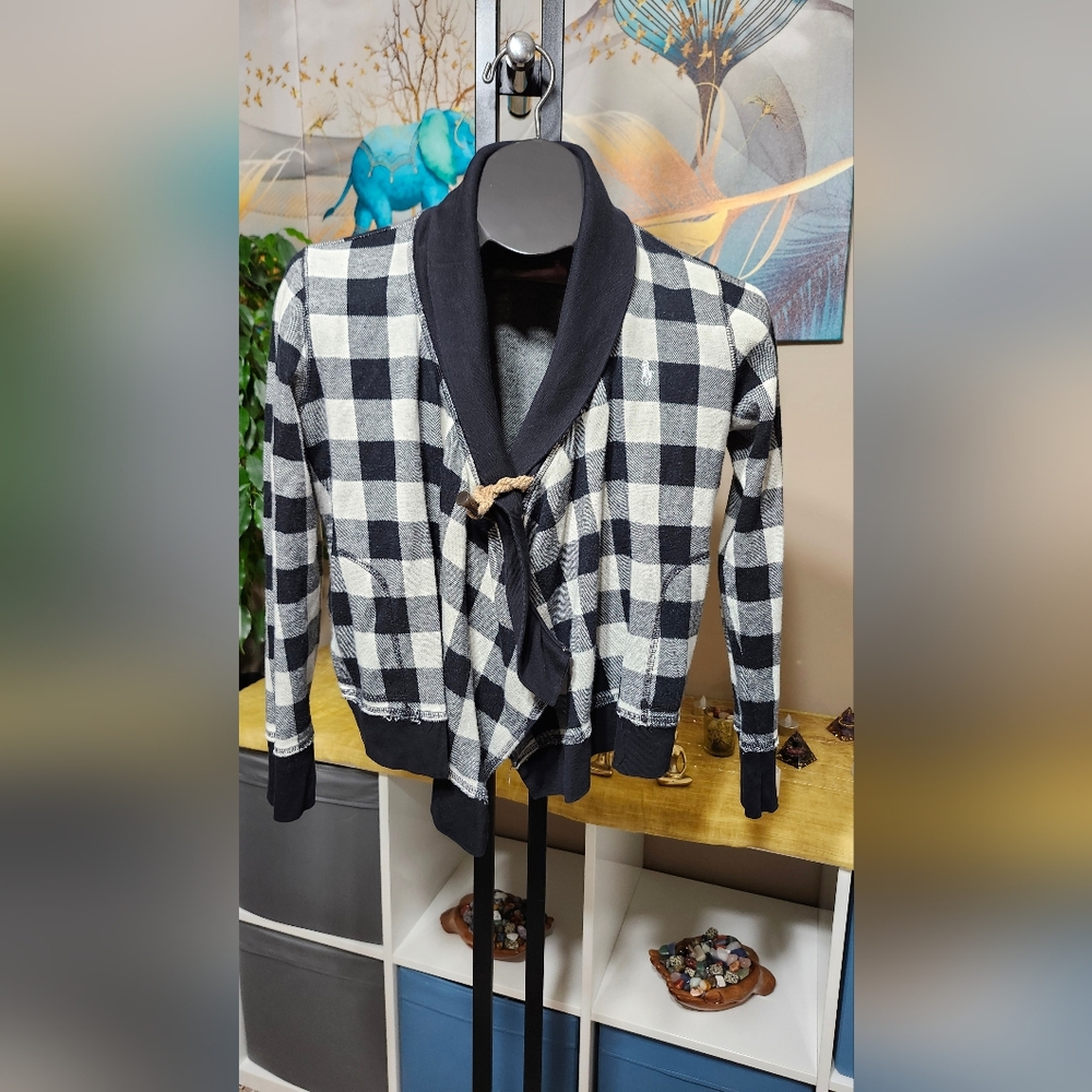 Ralph Lauren Cardigan Small Black White Gingham Plaid Toggle Closure Pockets